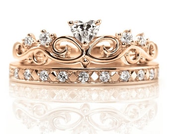 14k Gold Crown Rings Set. Princess crown ring. Queen ring. Princess ring. Gold Crown Ring. Tiara ring. Crown ring.Bridal rings set.