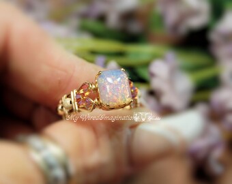 Pink Opal Ring Vintage West German Octagon Pink Opal Glass Wire Wrapped Ring Original Signature Design Fine Jewelry October Birthstone
