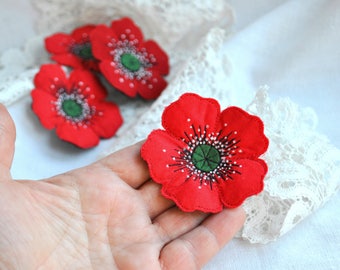 Red poppy textile brooch Fabric flower jewelry Single flower hand made brooch Machine embroidery poppy brooch Unique textile flower brooch.