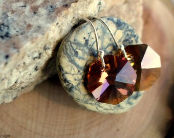 Swarovski crystal and sterling silver dangle earrings- handmade geometric minimal earrings - whiskey tone crystal - triskell design