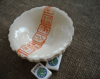 White Mahjong Bowl - Ceramic Bowl - Oriental Plate - Mahjongg Snack Dish - Handmade Pottery - Mahjong Bowl - Mahjong Gift - Mahjong Pottery