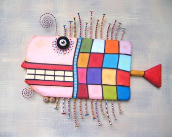 Quilted Cod, MADE to ORDER, Original Found Object Wall Sculpture, Wood Carving, Wall Decor, by Fig Jam Studio