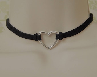 Faux Suede Heart Choker, Black Heart Ring Choker, Black O Ring Choker, Choker Necklace, Double Faux Suede Choker, Silver Open Heart Choker