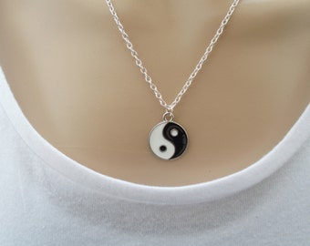 silver necklace yin yang necklace handmade jewellery black and white yin and yang fashion jewellery yin yang charm necklace gift for her