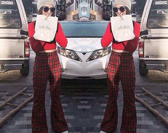 Women's Red scocth plaid high waisted flared bell bottoms pants -All Size vintage 70s fashion