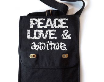 Peace Love & Anime Bag canvas book tote small laptop bag anime school bag otaku geek gift fandom