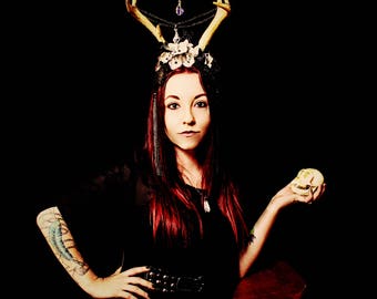 Real Antler Headdress with Crystals & Silver and Black Flower Accents