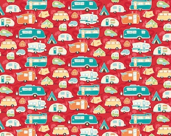 Road Trip, Riley Blake, C5622 Red, Retro Camper Quilt Fabric, Travel Trailer, RV, Glamping Fabric, VW, Camping Fabric, Kelly Panacci, Cotton