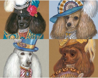 Poodle Society - 4 Art Prints - Black, Apricot, White and Brown - Poodle Art Prints - Pet Portraits by Maria Pishvanova