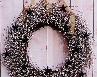 Fall Wreath-Fall Front Door Wreath-Star Wreath-Fall Home Decor-Year Round-Winter Wreath-BURLAP & BLACK Rusty Star White Berry Door Wreath