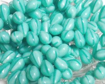25 - Czech Glass 9x6mm Top-drilled Teardrops - Bohemian Drops / Spacer Beads / Accent Beads / Jewelry Supply - Opaque Turquoise Blue Stripe
