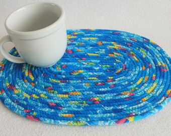 Coiled Rope Mat / Wrapped fabric Placemat / Hot Pad / Trivet / Under the Sea Oval Coiled Mat by PrairieThreads