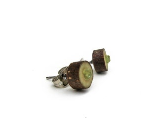 MINIATURE Rustic Dogwood Twig Wooden Stud Earrings with Peridot by Tanja Sova