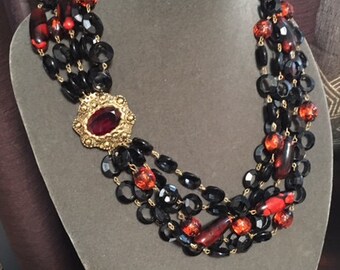 Vintage Multi-Strand Beaded Statement Necklace with jeweled clasp