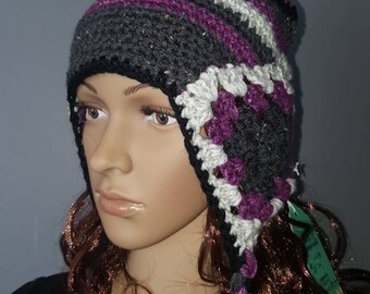 Granny square earflap winter hat