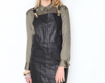 Cross-Back Apron - Coated Black Denim - Gold Metal - Split-Leg - Black Leather