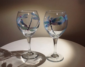 Iridescent Dragonfly hand painted wine Glass, 14.95 each glass, makes a beautiful and whimsical gift, a true work of art