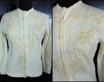 Vintage 50s Beaded Sweater / Vintage Beaded Cardigan / Yellow Beaded Sweater / fits S-M