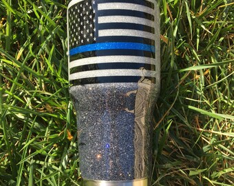 Thin Blue Line glitter 30oz Tumbler stainless steel tumbler glitter tumbler gunmetal and silver