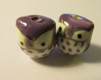Hand-Painted Lavender-Purple Ceramic Baby Owl Beads, Set of 2, 5/8"