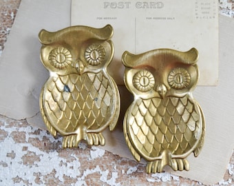 Vintage Brass Owl Catch All Set - Pair of Gold Ring or Change Holder Trivet Ashtray