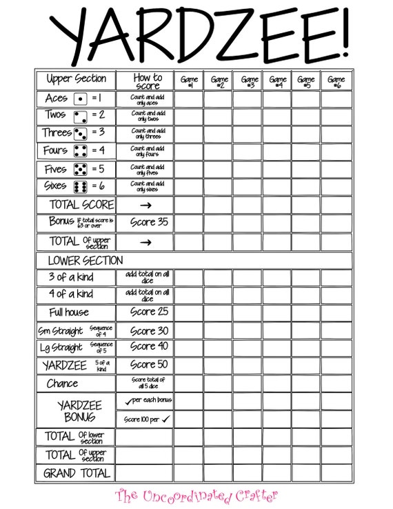 printable 18x24 yardzee score card file with uncoordinated