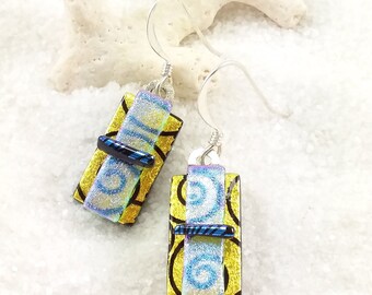 Fused dichroic glass earrings, dichroic jewelry, fused glass earrings, jewelry handmade, Hana Sakura, dichroic glass fusion, statement
