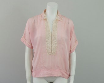 1920s Vintage Pale Pink Silk and Floral Lace Blouse (M)