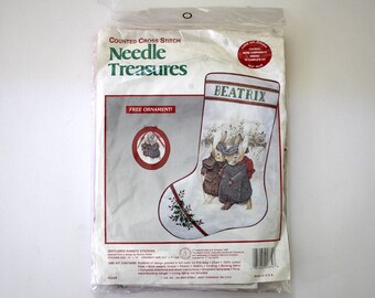 Vintage Beatrix Potter Needle Treasures Counted Cross Stitch Christmas Stocking Kit Gentlemen Rabbits 1990 with Ornament