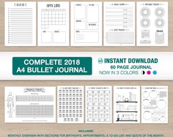SALE 2018 Bullet Journal A4 Printable 12 month starter kit Calendar Planner Diary Budget Weight loss Habit Tracker in 3 Colors