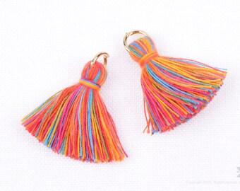 T002-CO-MR// Multi Rainbow Cotton Tassel Pendant, 4pcs, 23mm