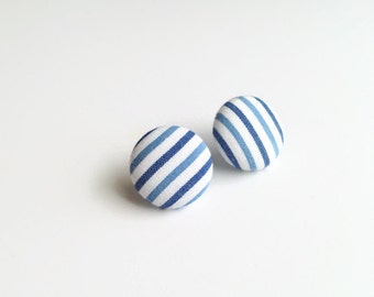 Striped stud earrings blue white - Fabric earrings nautical - Fabric covered button jewelry eco-friendly Mademoiselle Bouton Made in Quebec