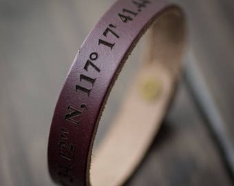 Latitude Longitude Bracelet, Personalized Bracelet, GPS Coordinates, Leather Bracelet, Custom Coordinates Bracelet, Gift for him- Burgundy