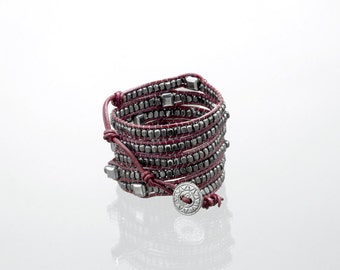 Wrap bracelet with burgundy & gunmetal beads