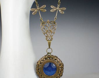 Dragonfly Necklace Blue Glass Art Nouveau Oxidized Brass Filigree Vintage Inspired Dragon Fly Jewelry Insect Necklace