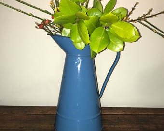 Vintage French blue enamel water pitcher