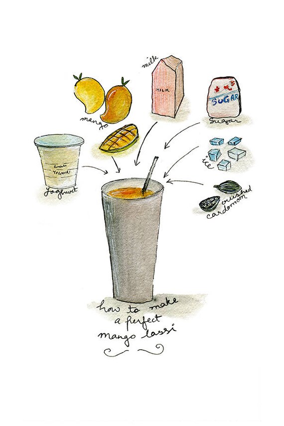 Mango lassi recipe watercolor illustration wall art print