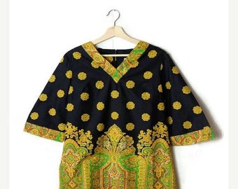 ON SALE Vintage Black x Yellow Paisley Cotton tunic/Tunic Dress from 1970's*