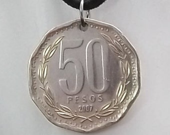 Chile Coin Necklace, 50 Pesos, Coin Pendant, Leather Cord, Men's Necklace, Women's Necklace, 2007