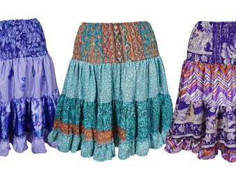 Wholesale Lot 3 Womens Swirling Skirt Vintage Recycled Silk Fill With Joy Tiered Full Flare Gypsy Skirts