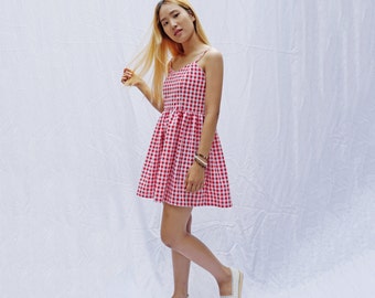 Gingham strappy sweetheart smock sundress,cami dress, babydoll dress, smock dress , summer dress, vintage dress, fit and flare dress