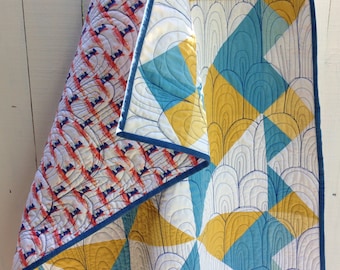 Organic Birds of a Feather Quilt - Hand Dyed Organic Cotton, 52" x 68" Quilt with Birds in Flight Backing