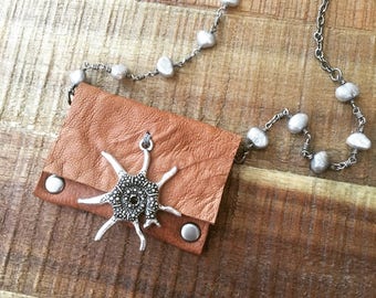 Leather Gift For Her-Light Brown and Silver- Tiny Purse- Women's Accessories-Pouch Necklace-Hipster Bohemian Jewelry-Valentine's Gift-