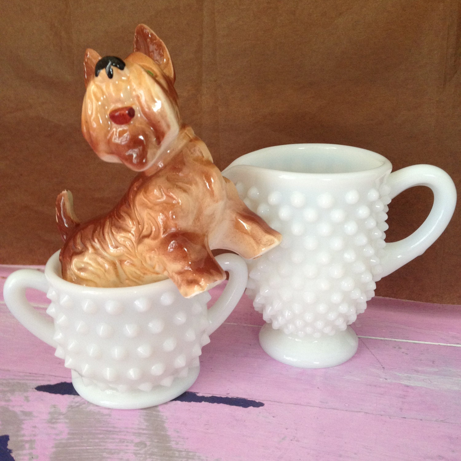 Milk Glass Cream & Sugar Bowls Matching Fenton Hobnail