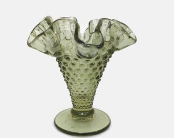 Fenton Handkerchief Vase - Hobnail - Green Glass - Small - Ruffled Edge - Vintage