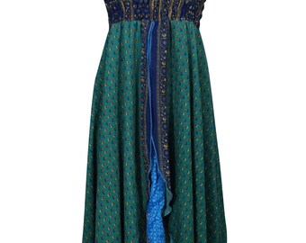 Womens Sundress Recycled Vintage Silk Sari Two Layer Gypsy Summer Halter Green Dress