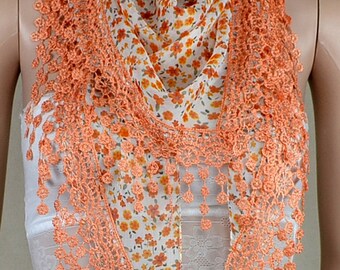Orange chiffon scarf, pure and fresh and small broken flower scarf, lace tassels triangle scarf, shawl
