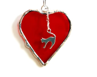I love my cat, Stained glass heart suncatcher ornament, red heart ornament, mini heart, cat lover gift under 15