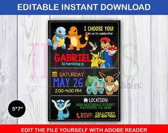 Pokemon invitation, Pokemon editable invitation, Pokemon Birthday Party, Pokemon Printables, Pokemon Chalkboard, pdf file, INSTANT DOWNLOAD