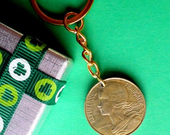 1968, 50th Birthday, 50th anniversary or 1964, 1974, 1975, French coin Keyring, 20 cent Brass coin, Republique Francaise,